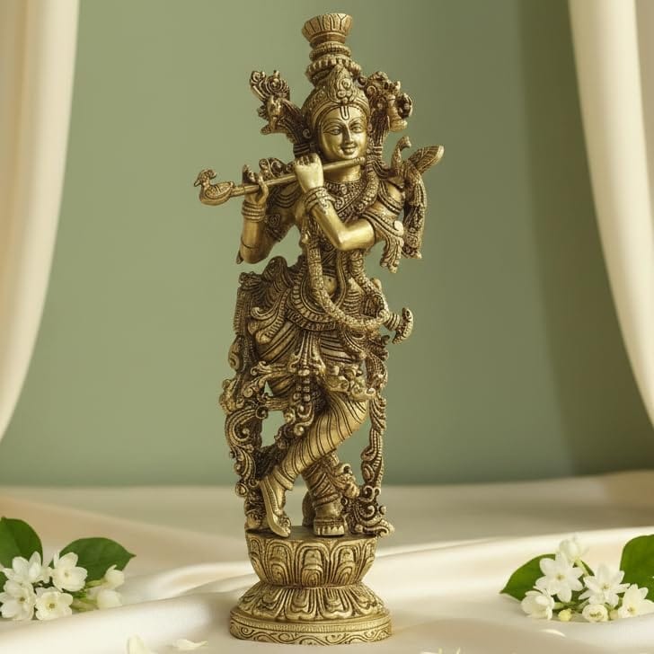 Venugopala (Shree Krishna) Brass Murti | Lord Krishna Idol | Handcrafted, Antique Yellow Finish, 14.0 Inch, for Home Temple, Decor, Pooja Ritual and Gifting