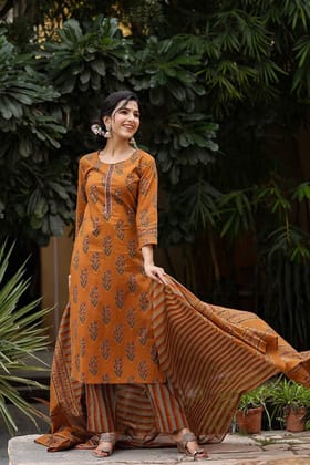 Mustard Cotton Blend Straight Suit Set VKSKD1242