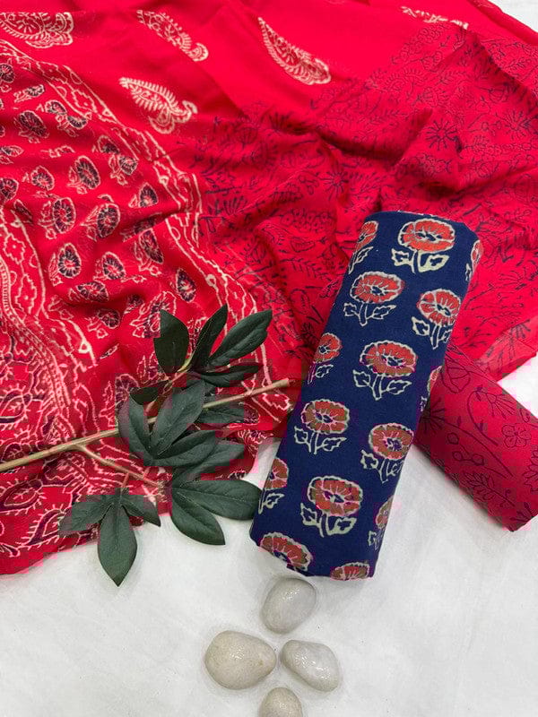 Pure Cotton Unstitched Suit With Chiffon Dupatta-As shown in picture / 2.5 mtr each / Pure cotton with chiffon dupatta
