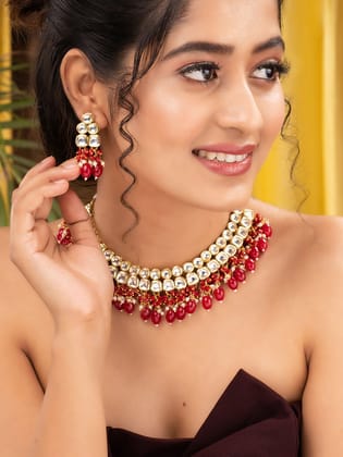 Gold Toned Kundan & Red Bead studded Handcrafted Jewellery Set