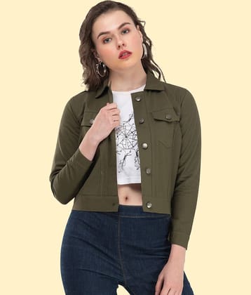 Montrez Women Shirt Collar Denim Jacket ( Green )