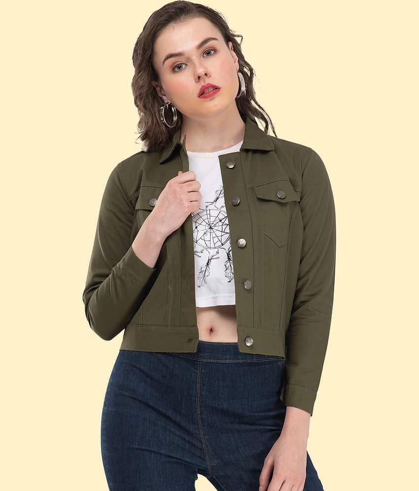 Montrez Women Shirt Collar Denim Jacket ( Green )