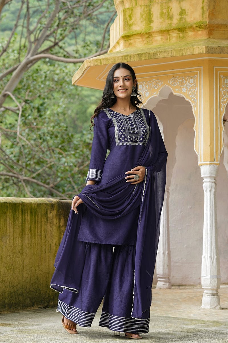 Navy Blue Poly Silk Straight Sharara Suit Set PKSKD1173