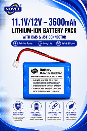 NOVEL 11.1V - 12V 18650 BMS LITHIUM ION BATTERY PACK WITH JST PIN- 3600mAh NOVEL 11.1V - 12V 18650 BMS LITHIUM ION BATTERY PACK WITH JST PIN- 3600mAh