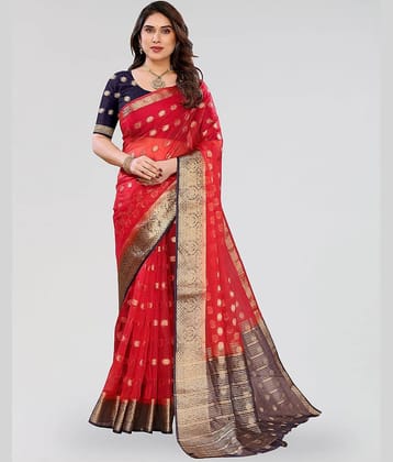 HEMA SILK MILLS Organza Embellished Regular Saree With Unstitched Blouse Piece ( Red )