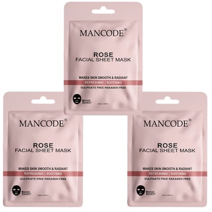 Mancode Rose Facial Sheet Mask Pack of 3 | Hydrating, Soothing & Glow Enhancing Face Masks