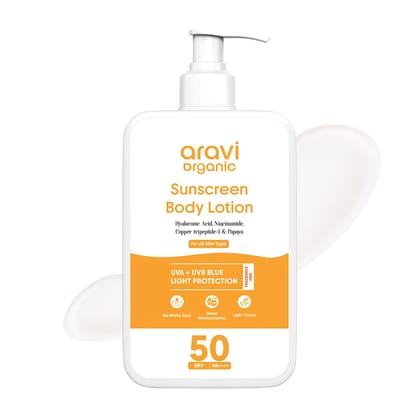 Aravi Organic Oil-Free Sunscreen Body Lotion SPF 50 PA++++ | (In-Vivo) Dermatologically Tested | Lightweight & No White Cast | UVA/UVB & Blue Light Protection | Niacinamide & Hyaluronic Acid | 200ml Aravi Organic Oil-Free Sunscreen Body Lotion SPF 50 PA+