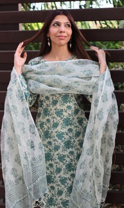 Cotton Beige & Green Block Print Suit Set with Kota Doria Dupatta-3XL