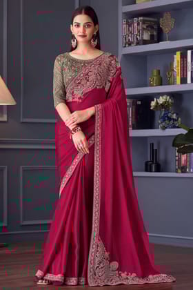 Pink Embroidered Satin Silk Saree