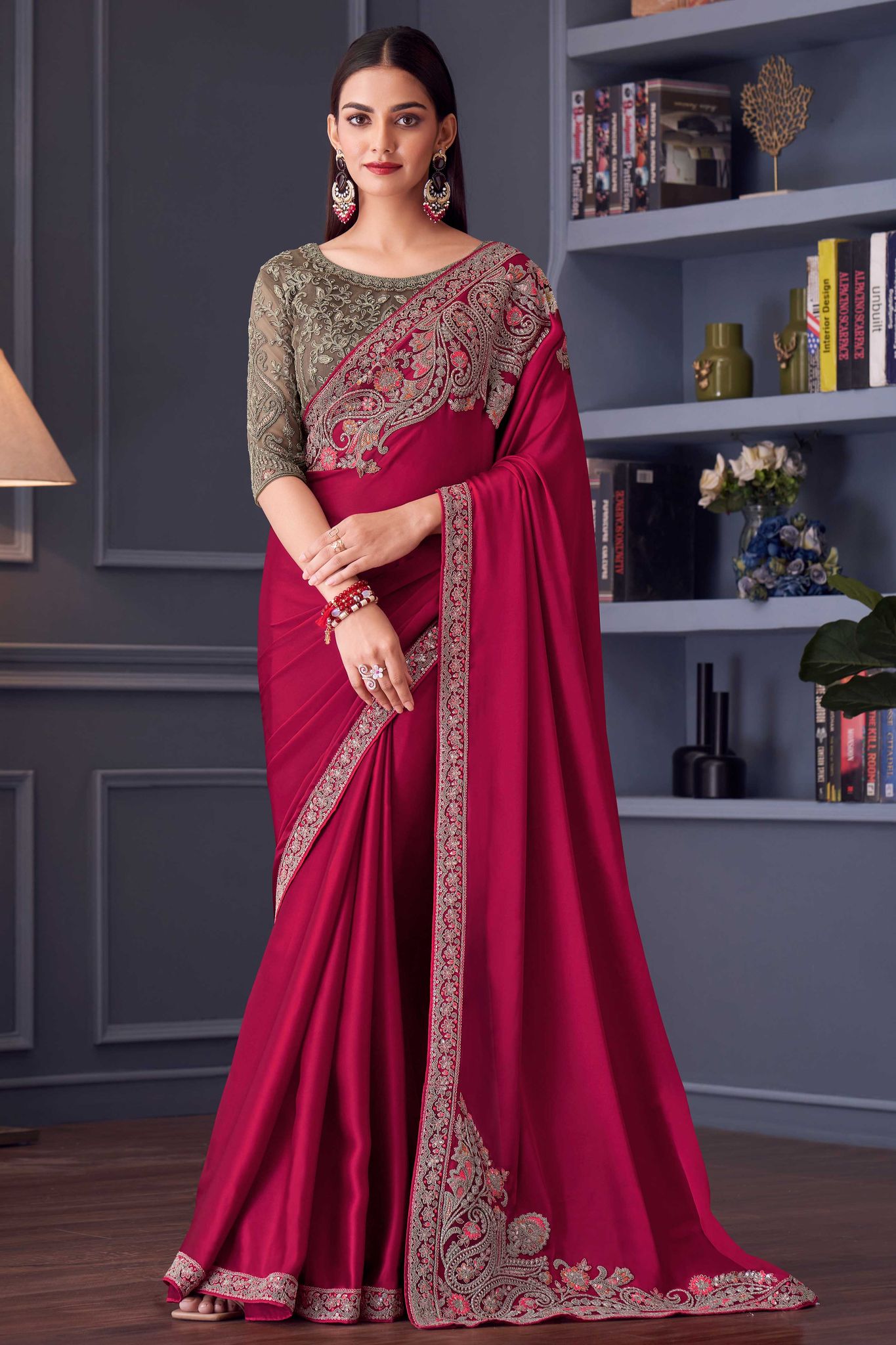 Pink Embroidered Satin Silk Saree