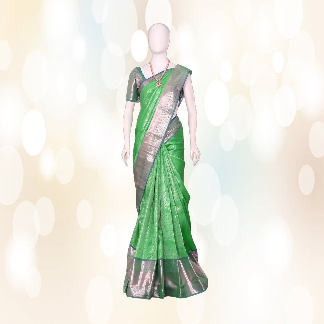Traditional Green Pattu Silk Saree with Silver Zari Border | Elegant Ethnic Wear | Festive & Wedding
