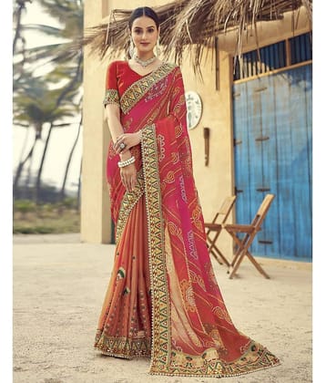 Satrani Chiffon Printed Saree With Unstitched Blouse Piece ( Peach )