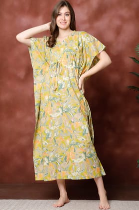 Green Color Floral Printed Pure Cotton Kaftan For Women-Onesize