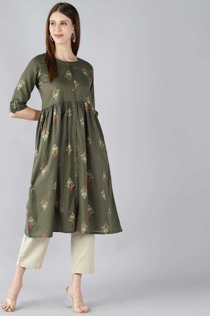 Women Cotton Green Ethnic Motifs Printed A Line Kurti VCK8385