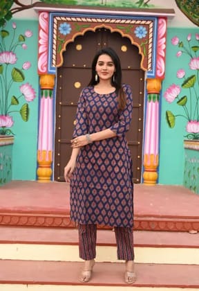 Navy Blue Cotton Premium And Elegant Kurti With Pant For Women