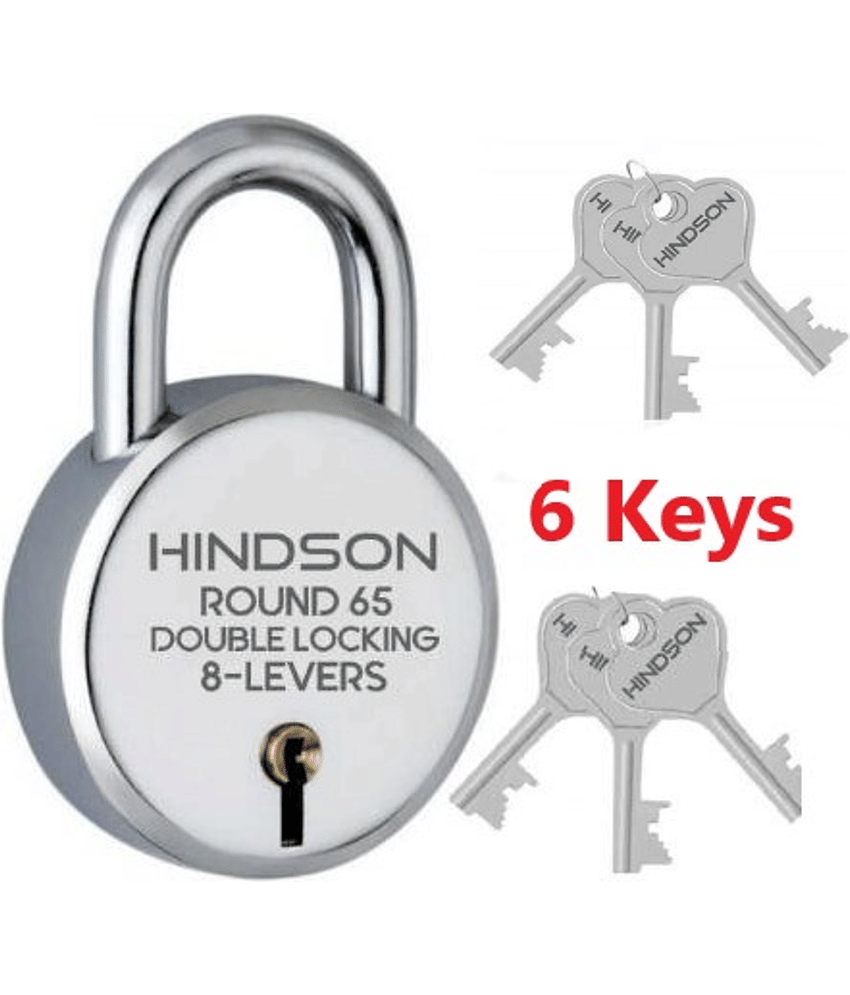 HINDSON Lock with 6 Keys, Steel Round 65mm Padlock, 8 Levers, Silver Finish