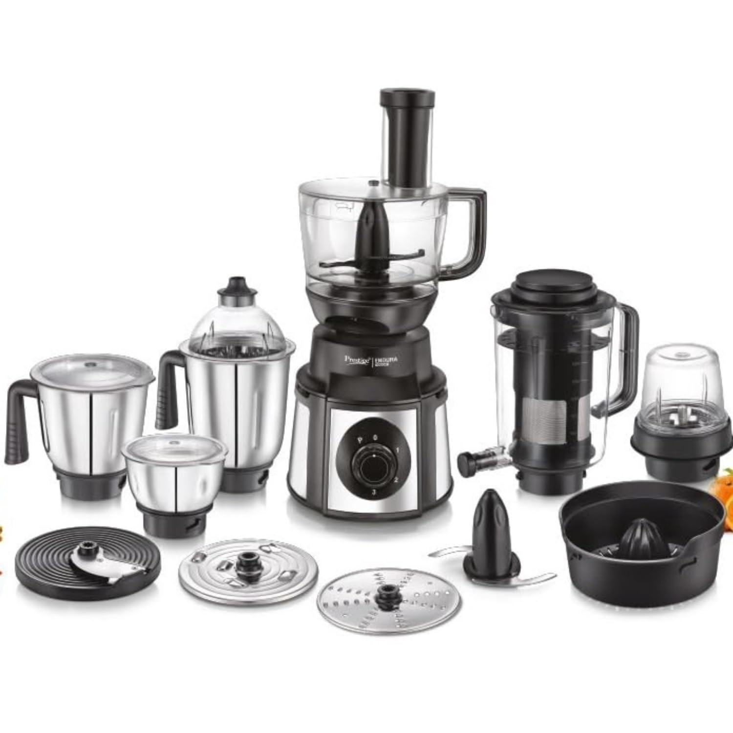 Prestige Endura Pro 1000 Watt Multi Functional Mixer Grinder | Heavy-Duty Ball Bearing Copper Motor | 6 Jars with Food Processing Attachments | 14 Functions in One | 5Y Motor Warranty Prestige Endura Pro 1000 Watt Multi Functional Mixer Grinder | Heavy-D