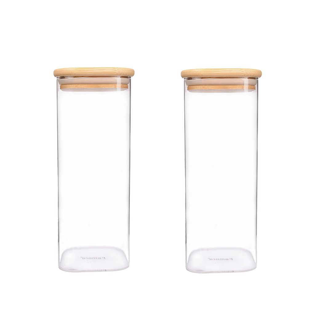 Femora Borosilicate Glass Jar 1000 ML, 2 pcs, with Wooden Tray