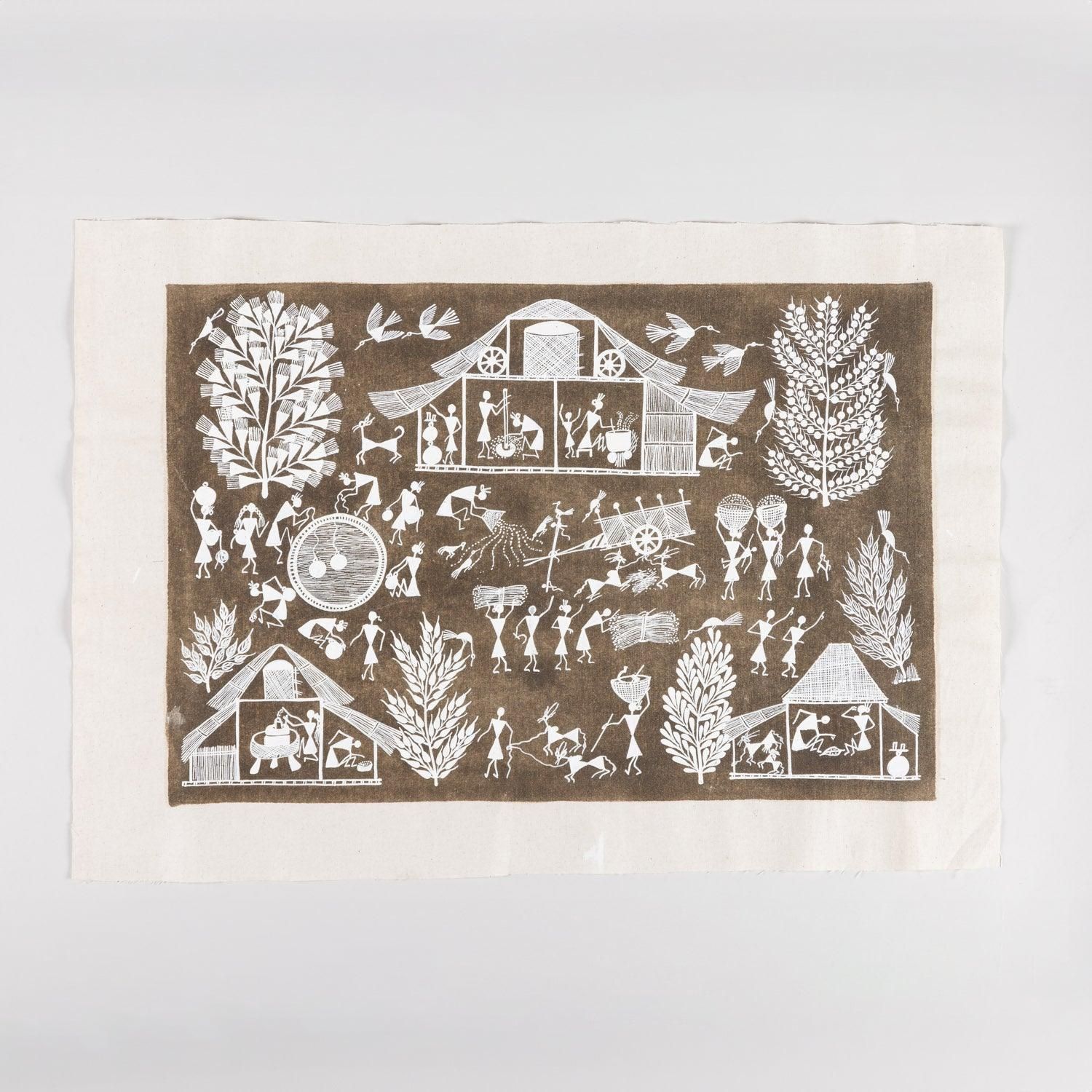 Eyaas Warli Painting of Stick Figures in Village Scene on Cotton Cloth Unframed
