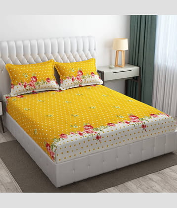 SHOMES Cotton Polka Dots Fitted 1 Bedsheet with 2 Pillow Covers ( Double Bed ) - Yellow