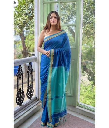 SARADA HANDLOOM Cotton Solid Saree With Unstitched Blouse Piece ( Blue )