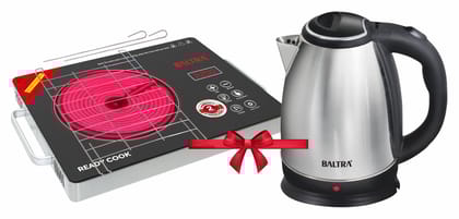 BALTRA Infrared SS Cooker 2200 Watt with Kettle (1.8 Ltr), Use All Kind of Utensils in Infrared Cooktop, Stainless Steel Handle, Over Heat Protection Infrared, Super Fast Boiling, 2 Year Warranty