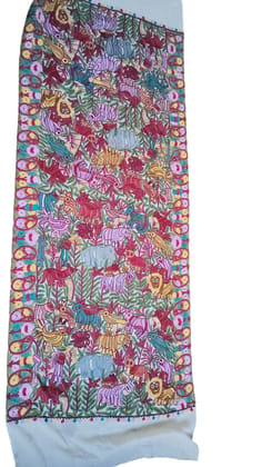 Vibrant Animal Print Cotton Shawl - Colorful Decorative Wrap with Playful Animal Illustrations in Pink, Blue, Yellow, Red, Lush Green Foliage, Soft High-Quality Cotton, Ideal for Casual and Festive Occasions