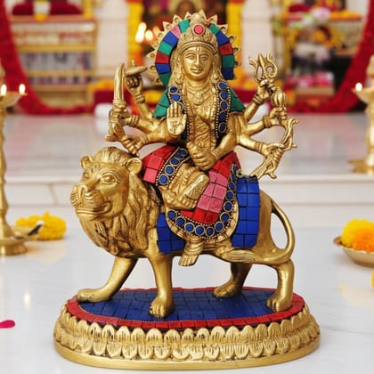 Brass Durga Ji Goddess Idol - Premium Brass Temple Showpiece, Height : 9 Inch (BSMAS440)