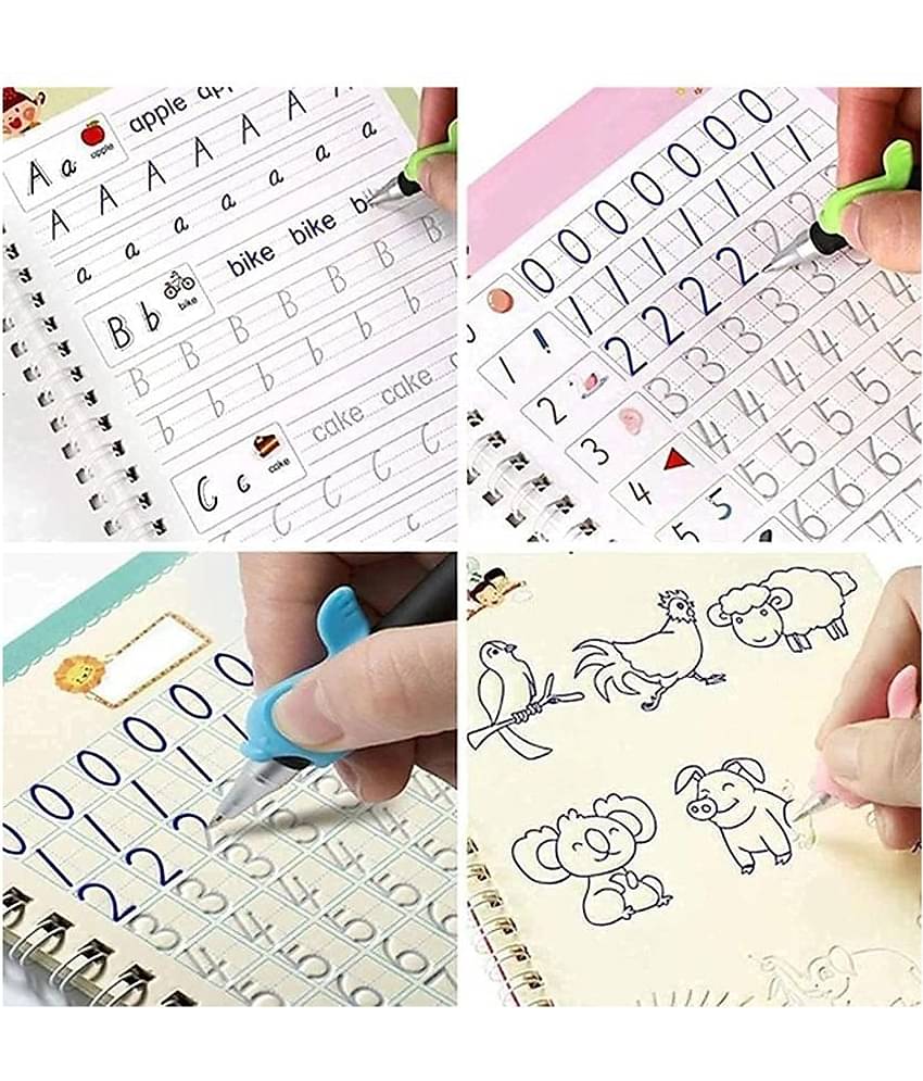 Sank Magic Practice Copybook, (4 Books + 1 Pen + 10 Refill) Number, Alphabet, Math and Drawing for Preschools Ages 3+ - Reusable Writing Tool Simple Hand Lettering
