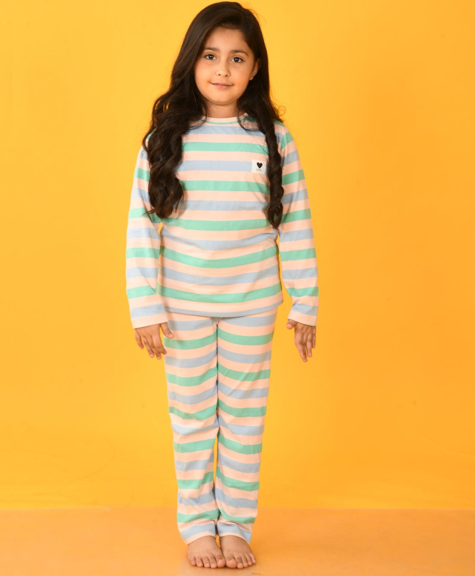 PINK SKY AQUA STRIPED LONG SLEEVES GIRLS PYJAMA SET-0-6 MONTHS / 2N / MULTI