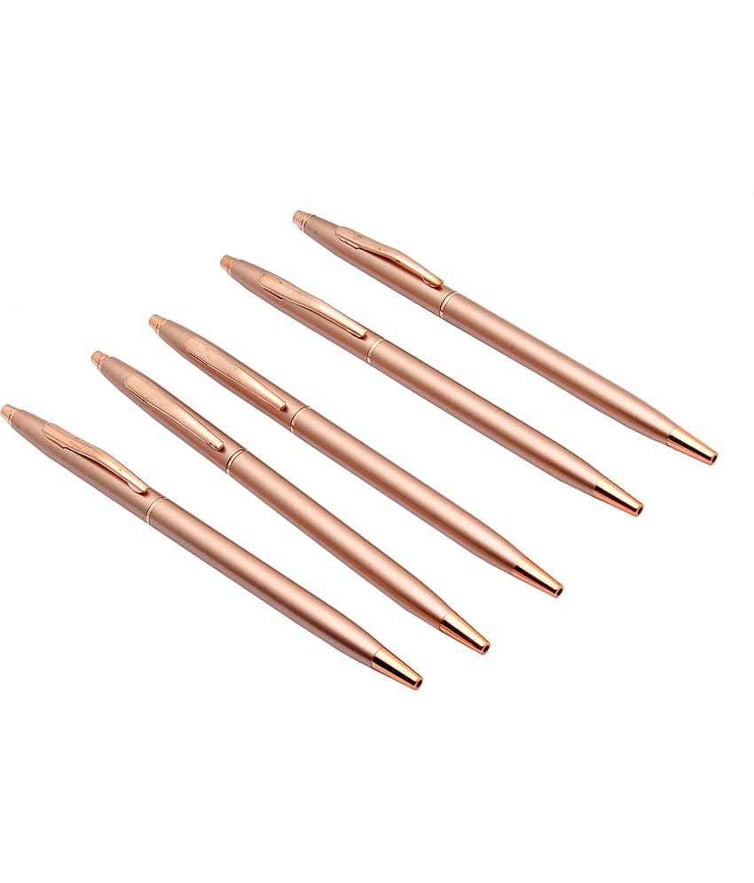 Srpc Set Of 5 Satin Copper Finish Sleek Metal Body Ball Point Pen Blue Refill