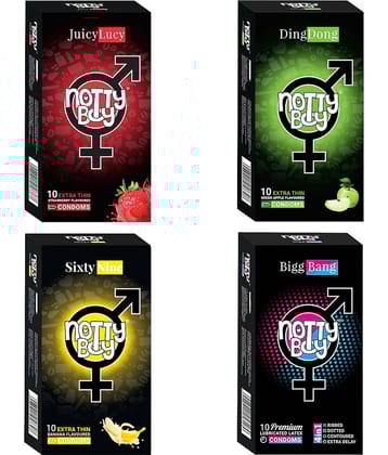NottyBoy Honeymoon Pack 4-In-1 Ribs Dots Contoured Extra Delay, Banana, Strawberry and Fruit Flavour Condoms - 40 Pcs
