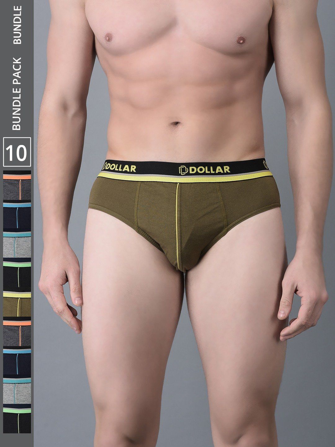 Men's Assorted Pack of 10 Combed Cotton Solid Brief With Illuminating Waistband Logo
