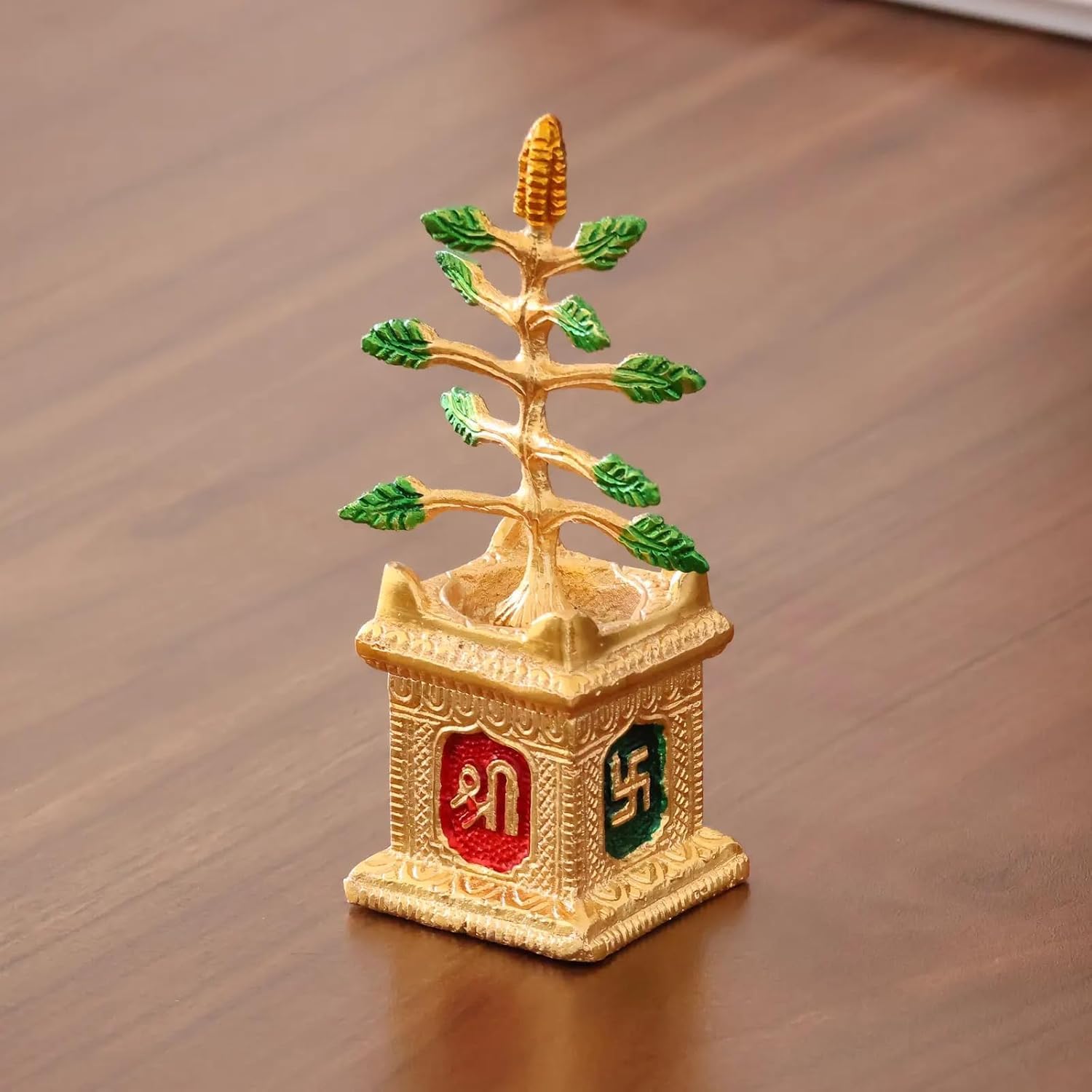 Dreamkraft Graceful Tulsi Plant Decorative Showpiece in Golden Finish - Sacred Figurine for Pooja Room, Home Temple, Office & Gifting - Symbol of Positivity & Devotion (5 x 5 x 14 cm)