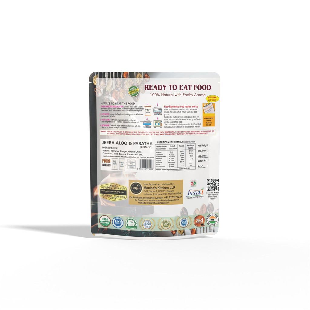 INDIAN KHANA KHAZANA Jeera Aloo & Paratha 354gm | No Added Preservative and Colours (Jeera Aaloo Paratha) Serve Hot Anytime Anywhere with our Flameless Food Heater inside the Pack | Indian Tasty Flavour Ready to Eat Food Jeera Aloo & Paratha