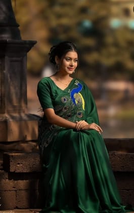 Mrigika Emerald Green French Chiffon Peacock theme Embroidered Saree with Ready-Made Padded Blouse