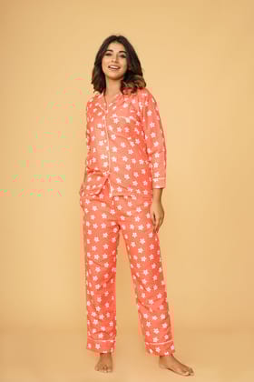 Daisy Flower Pattern Orange Full Sleeve Pyjama Set-S / Orange / Rayon Blend