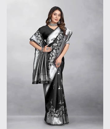 Gazal Fashions Banarasi Silk Embellished Saree With Unstitched Blouse Piece ( Black )