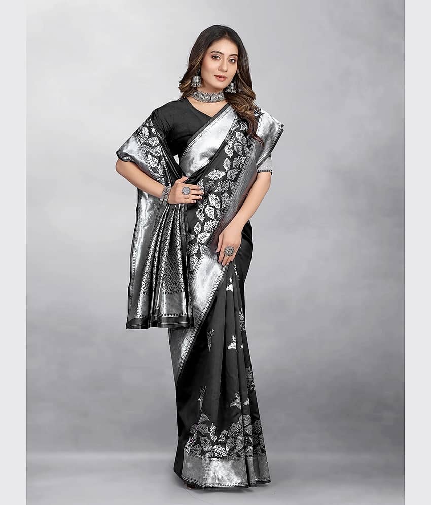 Gazal Fashions Banarasi Silk Embellished Saree With Unstitched Blouse Piece ( Black )
