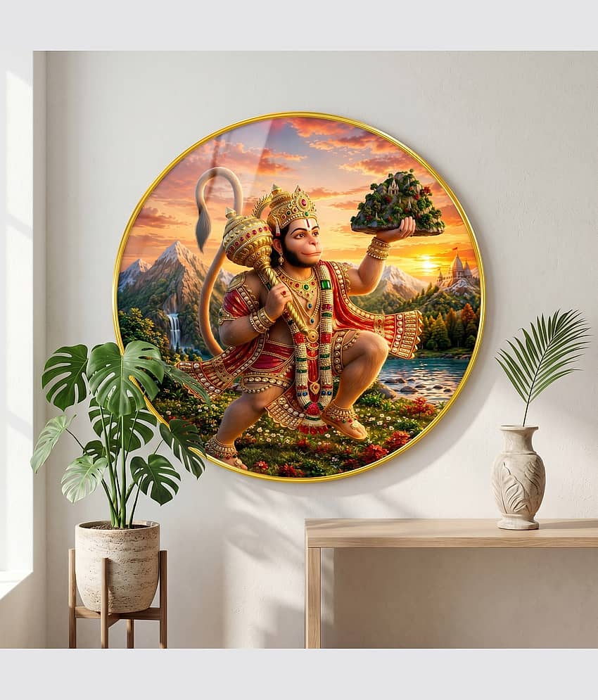 saf Lord Hanuman Wall Painting with PVC Round Frame Digital Reprint 16 inch x 16 inch Painting (With Frame)