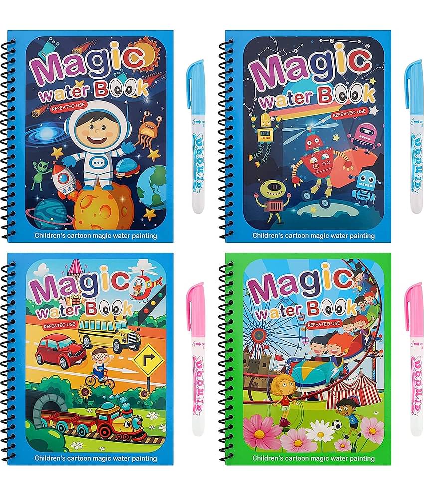 Reusable Magic Water Coloring Books  for Toddlers, (Pack of 4) Paint with Water Books,Mess-Free Coloring Book,Portable Educational Doodle Drawing Toy,Improving Children's Imagination,Color Perception Gift