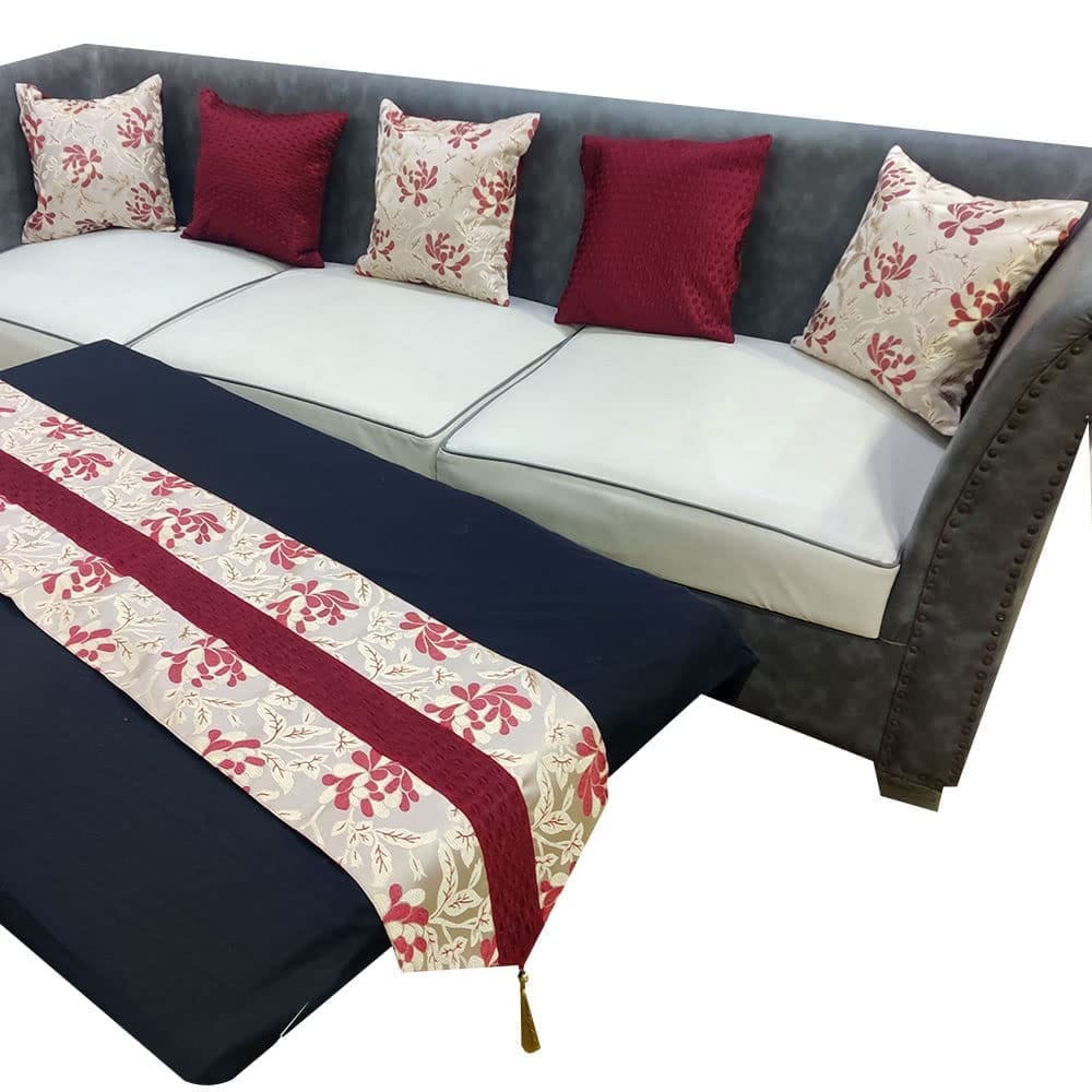 Maroon Red Damask Self Design Floral Woven Square 5 Cushion Covers and 1 Table Runner Combo Luxury Modern Pillow Cover for Sofa Living Room Bedroom |12X12 Inch Cushion Cover I12 X 59 Inch Table Runner