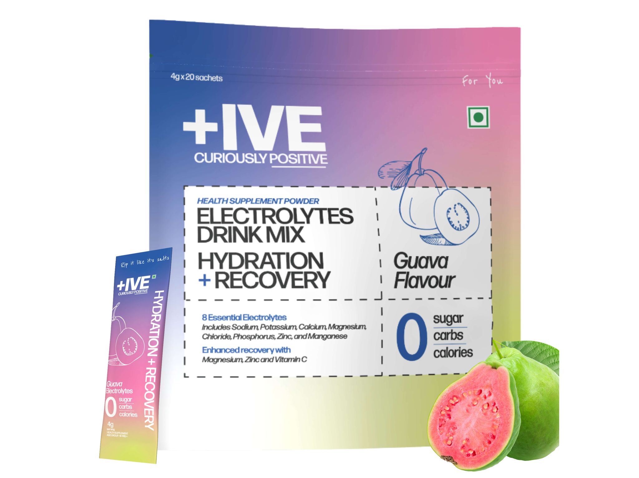 Curiously  +IVE Electrolytes Drink Mix - Guava Flavour Pack - 80gm (4g x 20 Sachet)| Zero Sugar, Zero Carbs, Zero Calories, Hydration + Recovery Supplement