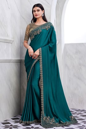 Teal Embroidered Silk Saree