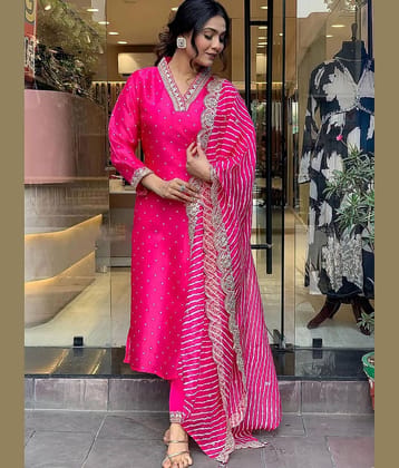 Royal Export Pack of 1 Chanderi Embroidered Straight Women's Kurti - ( Pink )