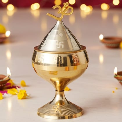 Brass Table Decor Oil Lamp Om Pakija Deepak  - Vintage Brass Diya for Temple, Height : 6.4 Inch (ZMAS164 I)