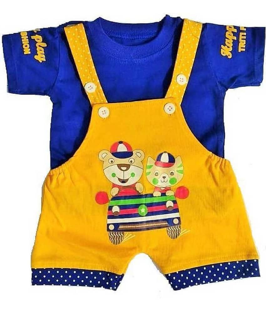 TRITI Unisex for Baby Cotton Blend Dungaree Sets ( Yellow & Blue )
