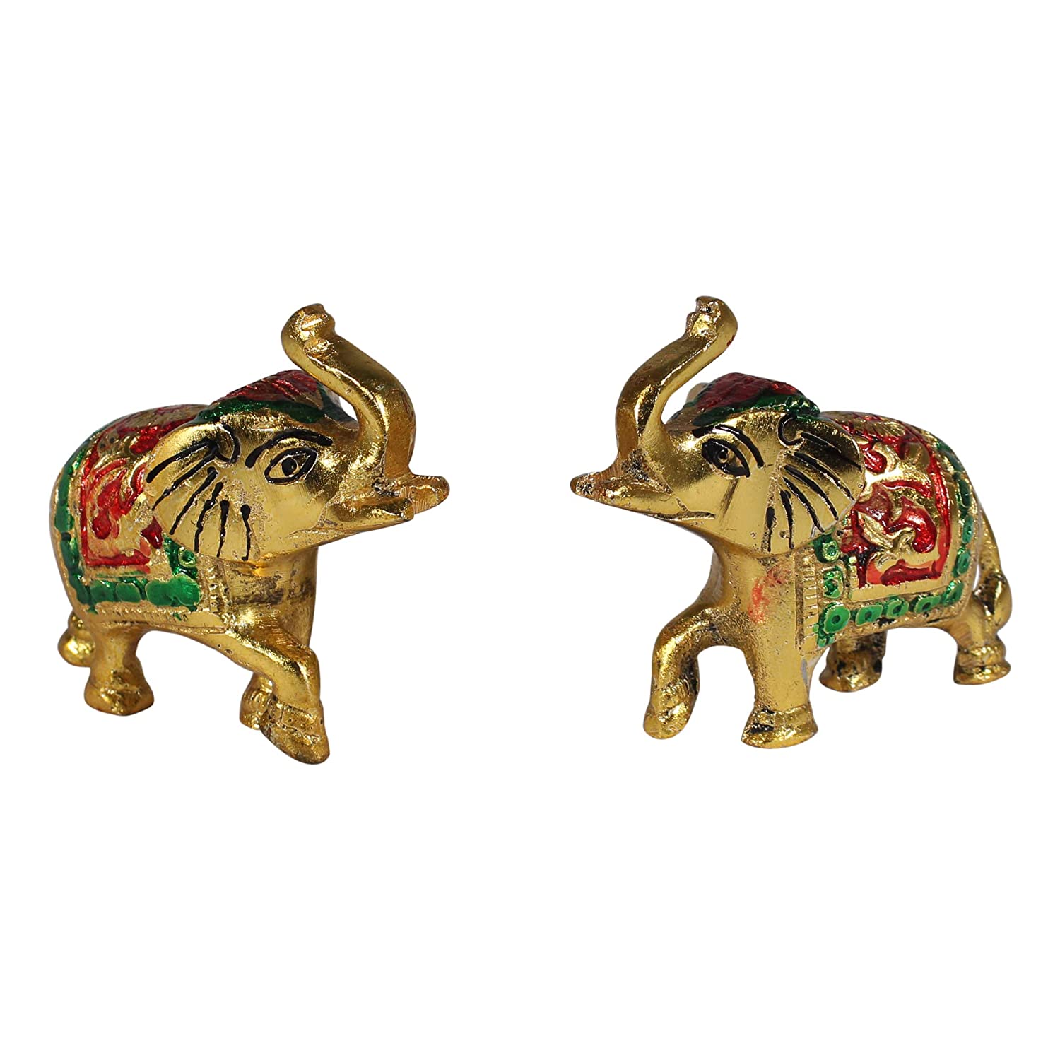 DreamKraft White Metal with Gold Polish Trunk Up Elephant Statues Set of 2 Figurine, Size: 6 cm x 7 cm - Multicolour