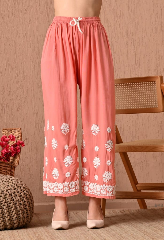 Hand Embroidered Chikankari Plazo Set 3d Work- Peach