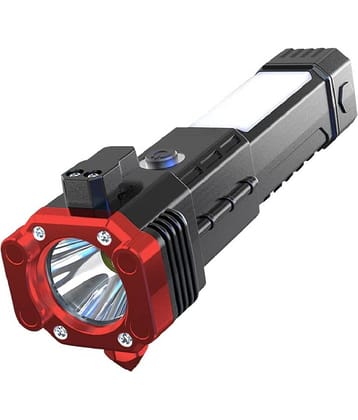 Sanjana Collections 3W Torch Light 1 Hour Backup Rechargeable Plastic Torch Flashlight Car Rescue Torch with Hammer Window Glass and Seat Belt Cutter Built in Mobile USB Fast Charger